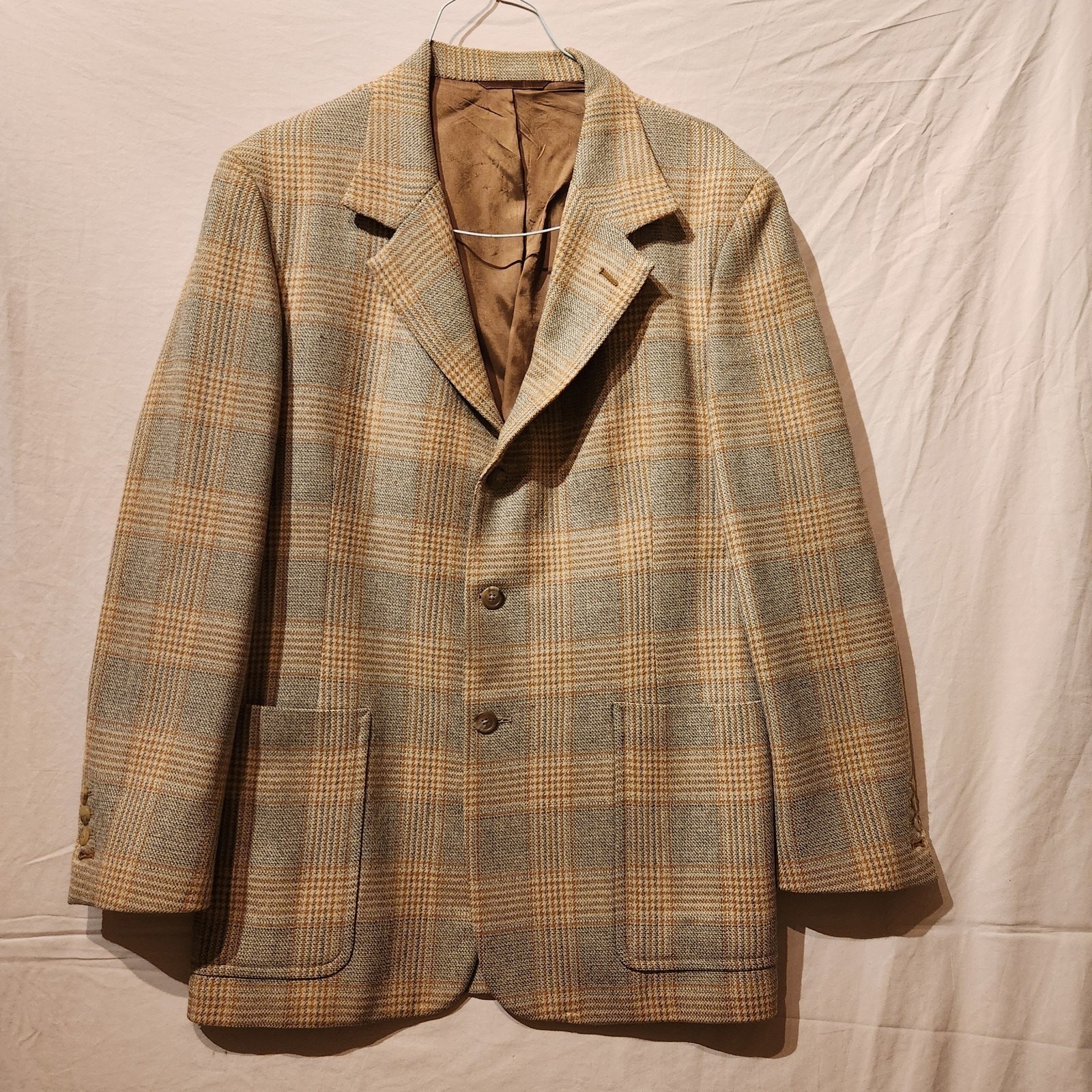 Vintage Saks Fifth Avenue Tan Sz Large Wool Large Pocket Tweed Sport Coat Jacket