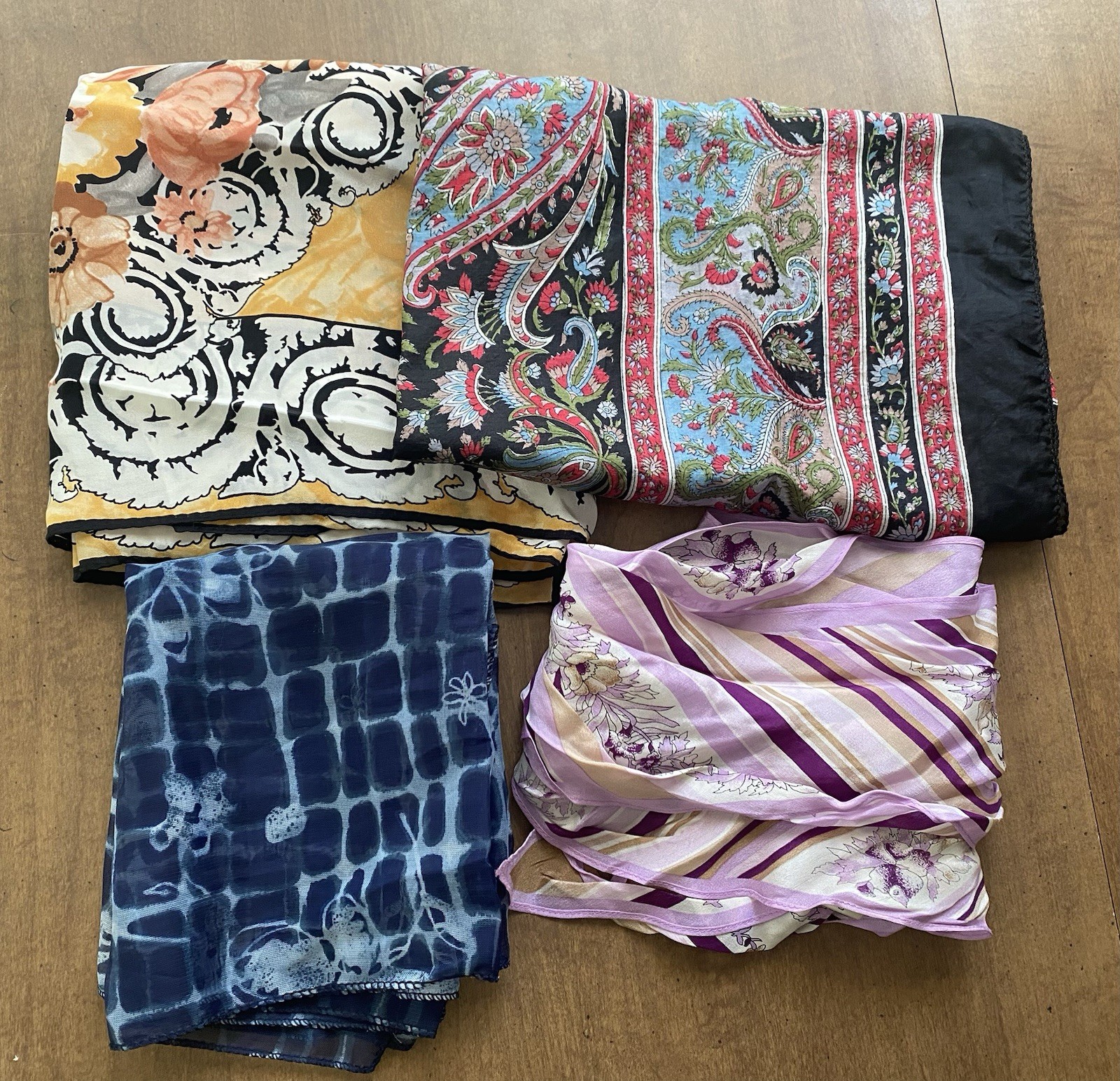 Vintage Lot of 4 Scarves Silk & Polyester Blends India Oscar De La renta Mixed