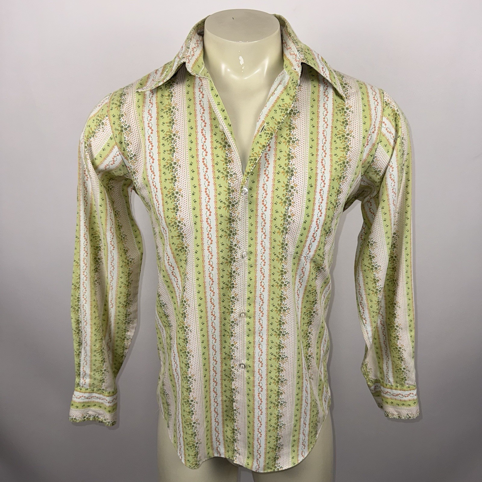 1960s Towncraft Penneys Shirt Vtg Hippie Disco MCM Mod Green Floral Mens Medium