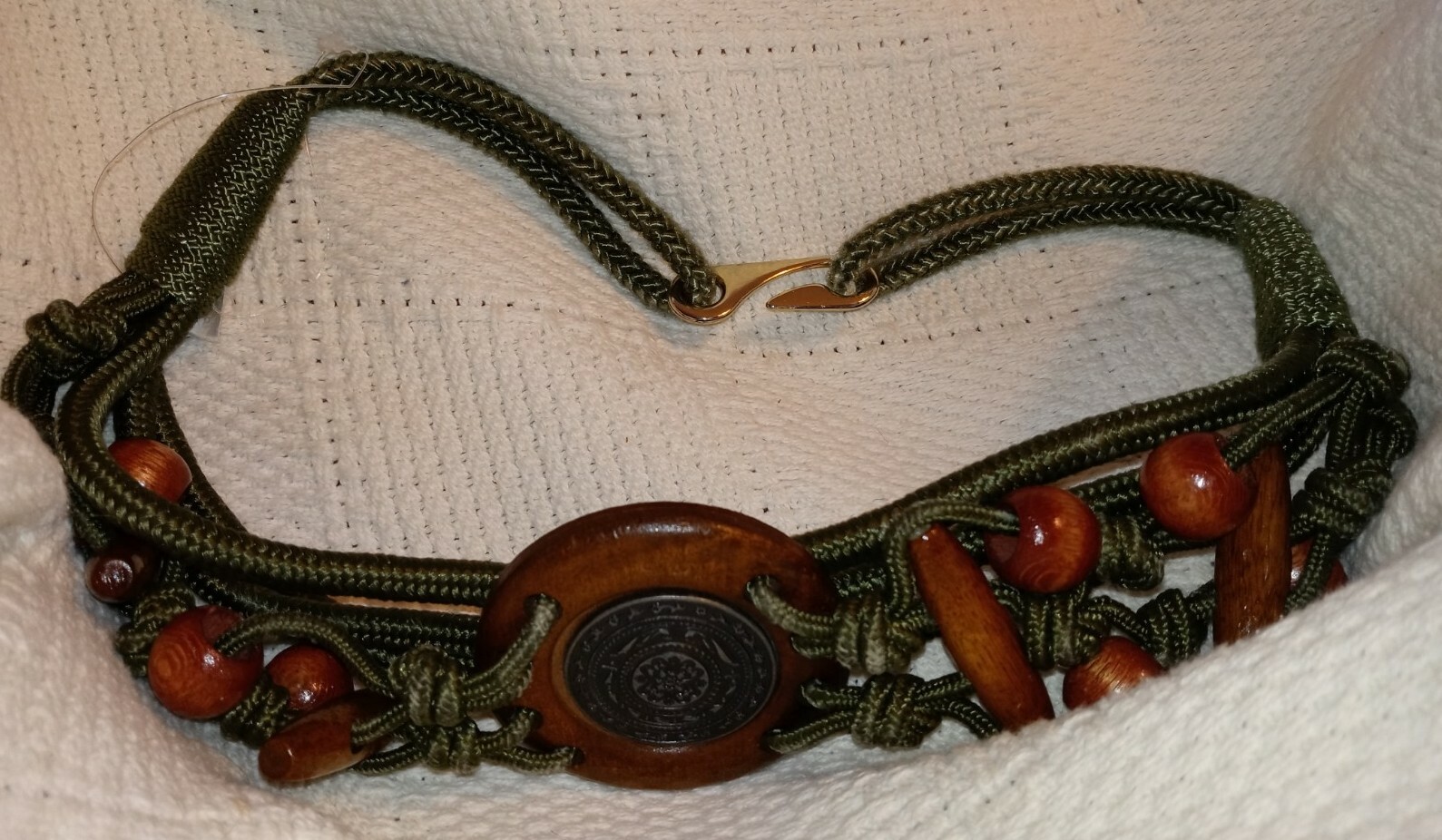 Vtg Belt S / M Braided Silky Cord Olive Green Brown Wood Beads Boho Hippy Earthy