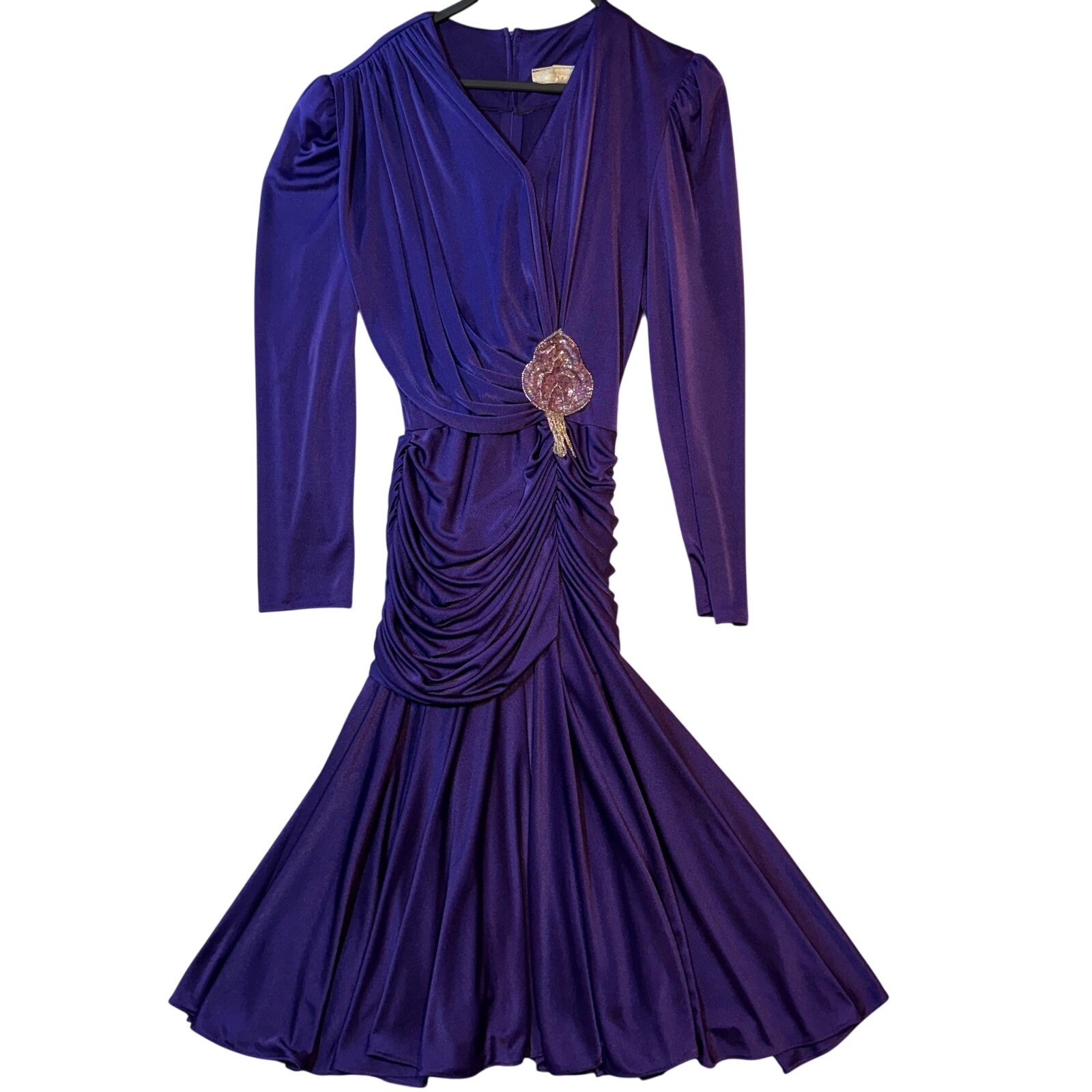 Vintage Filigree Purple Ruched Drop Waist Dress 80s Sequin Applique Size 10 8107