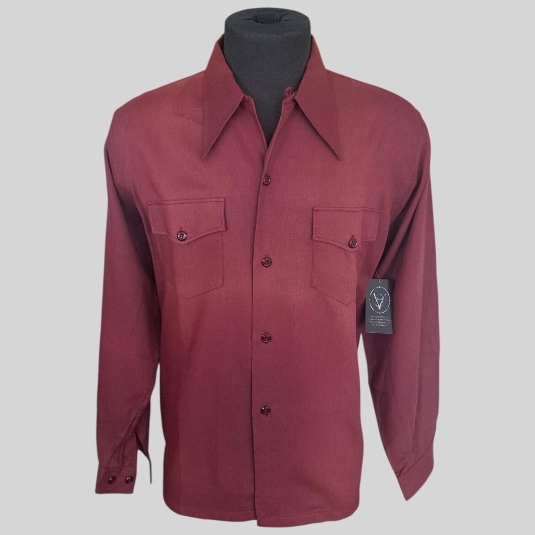 Vintage 1940’s Burgundy Gabardine Shirt Large Pointed Collar Size L Western