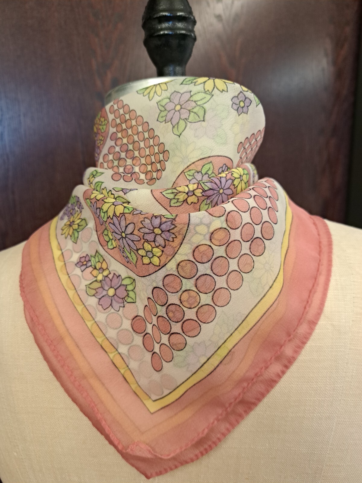 Vintage Pastel Floral Headscarf, 20 Inches Square. Synthetic Fiber.
