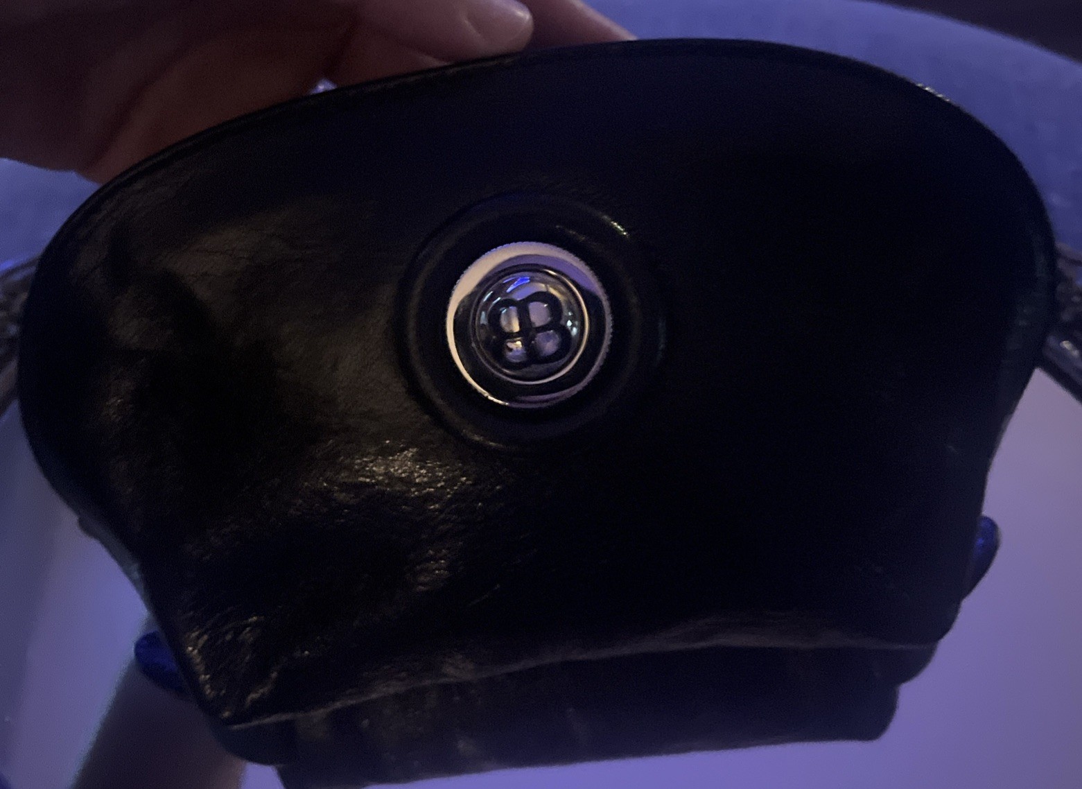 Vintage BALENCIAGA Black Leather Small zipped Bag Rare silver circular emblem.