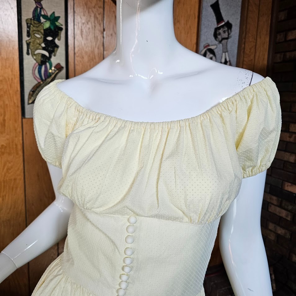 Vtg 1950s Milkmaid Lemon Swiss Dot Circle Skirt Off Shoulder Party Dress XS/S P