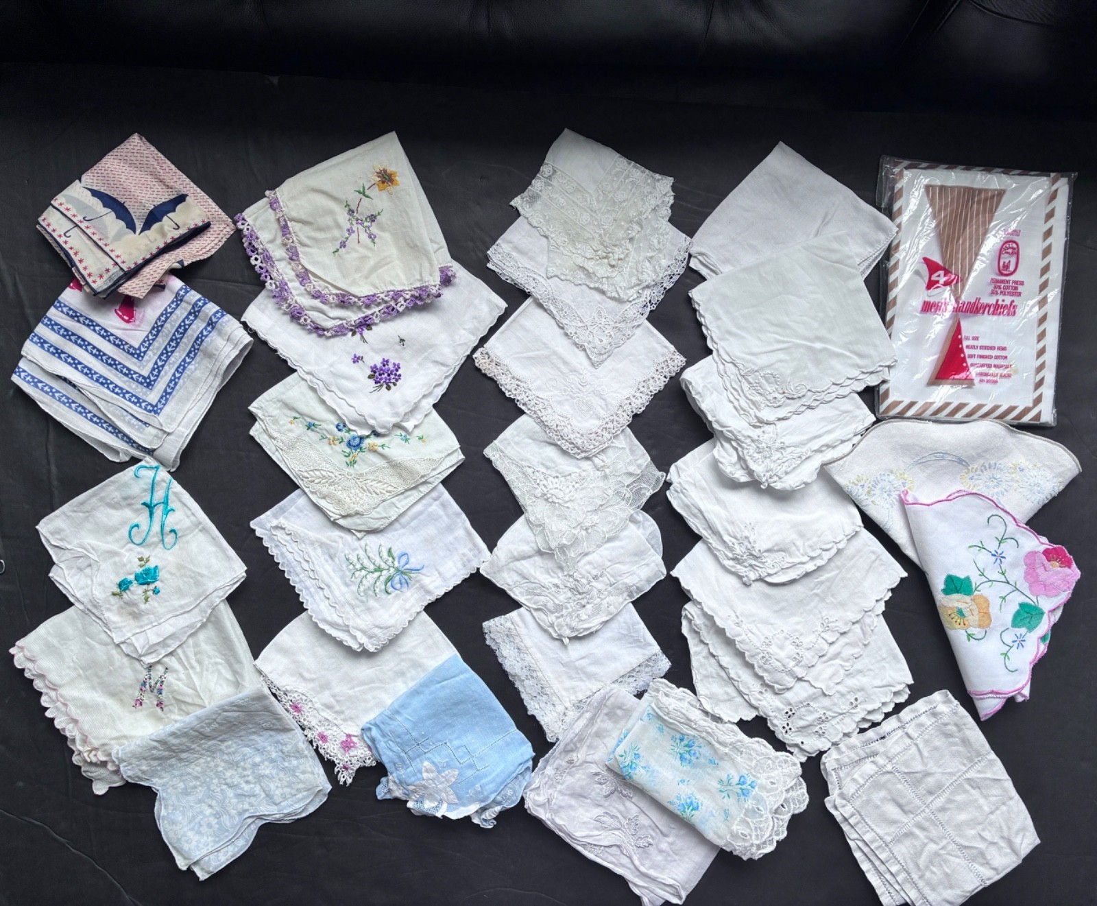 Lot of 24 Vintage Cotton/Linen Embroidered etc. Hankies, 6 Napkins , 2 doilies