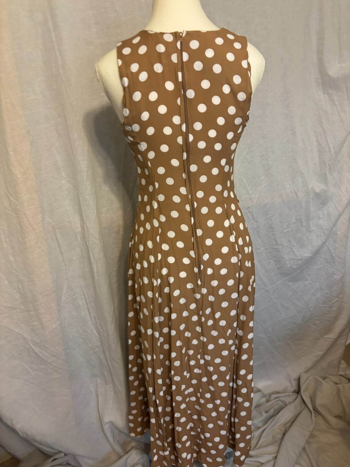Vintage Roberta Brown White Polka Dot Midi Dress | 80s 90s Rayon xs