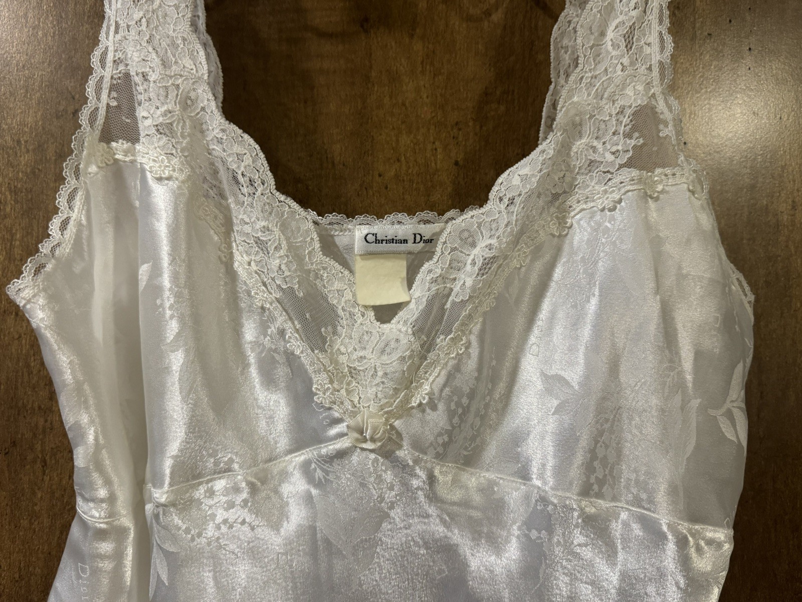 Vintage Christian Dior Chemise Women Medium Ivory Satin Lace Lingerie Slip Dress