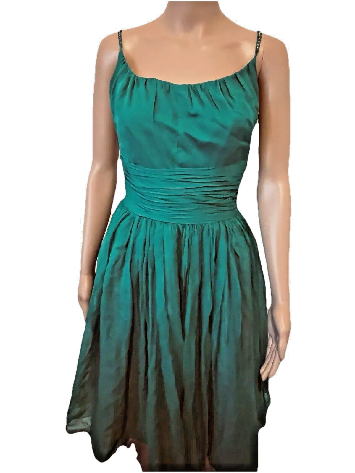 VTG 50s Emerald Green Cocktail Dress Bains Las Vegas Rhinestone Spaghetti Straps