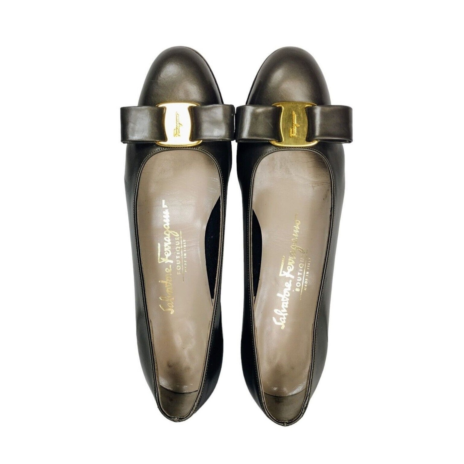 Salvatore Ferragamo Vintage 338 Lillaz Vara Pearled Bronze Leather Bow Pumps