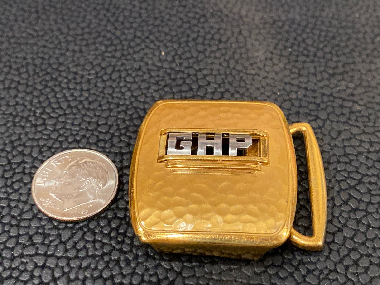 Vtg Art Deco Swank deluxe gold plate retro belt buckle Hammered Bronze GHP Mono