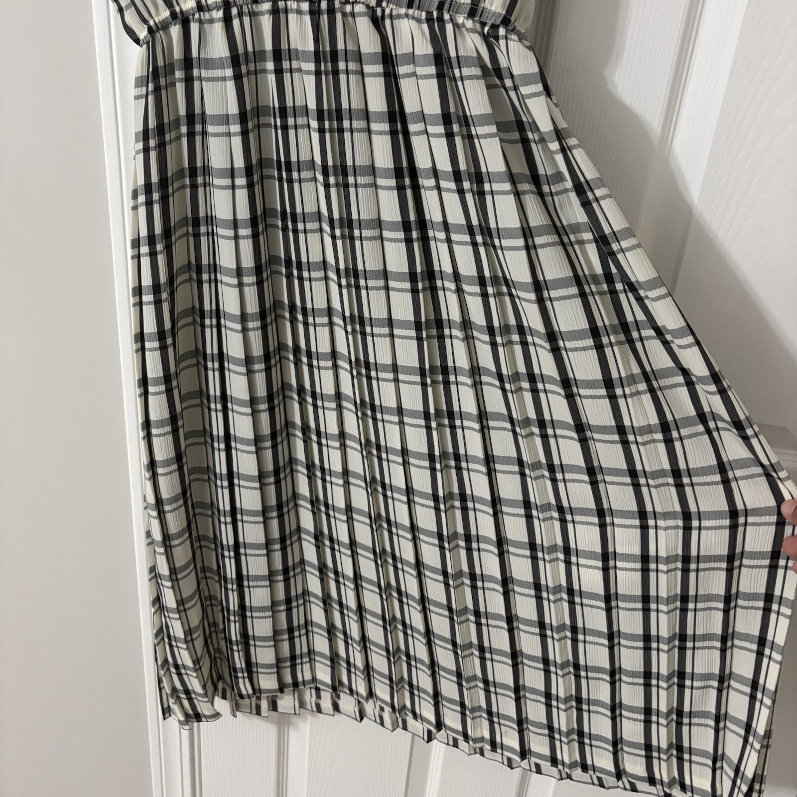 Vintage 80s Leslie Fay Black White Checkered Plaid Midi Shirtdress Pleated 14