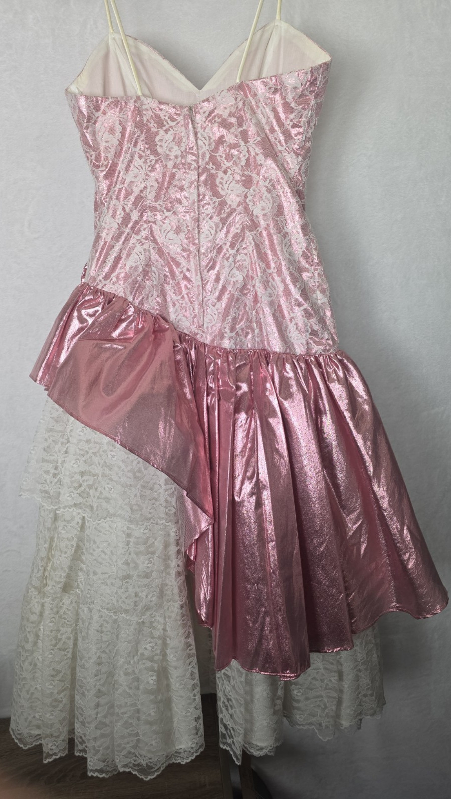 Vintage 1980s Prom Dress Sz 12 Champagne Pink Metallic Lace Loralie Elise