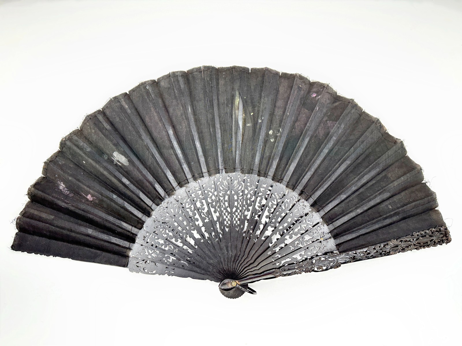Antique European Folding Fan Ebonized Wood Hand Painted Floral Gauze c1890-1905