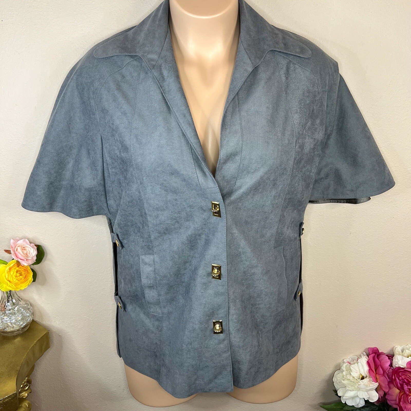 XL Vintage 80s MJ Seattle Grey Faux Suede Capelet Blazer Jacket Lined