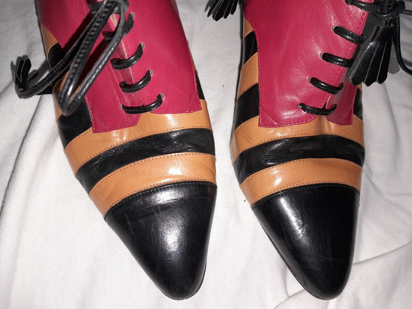 Vtg 80s 90s MOSCHINO Stripe Spectator Pump Witch Heel Victorian Boot Shoe 37 6.5