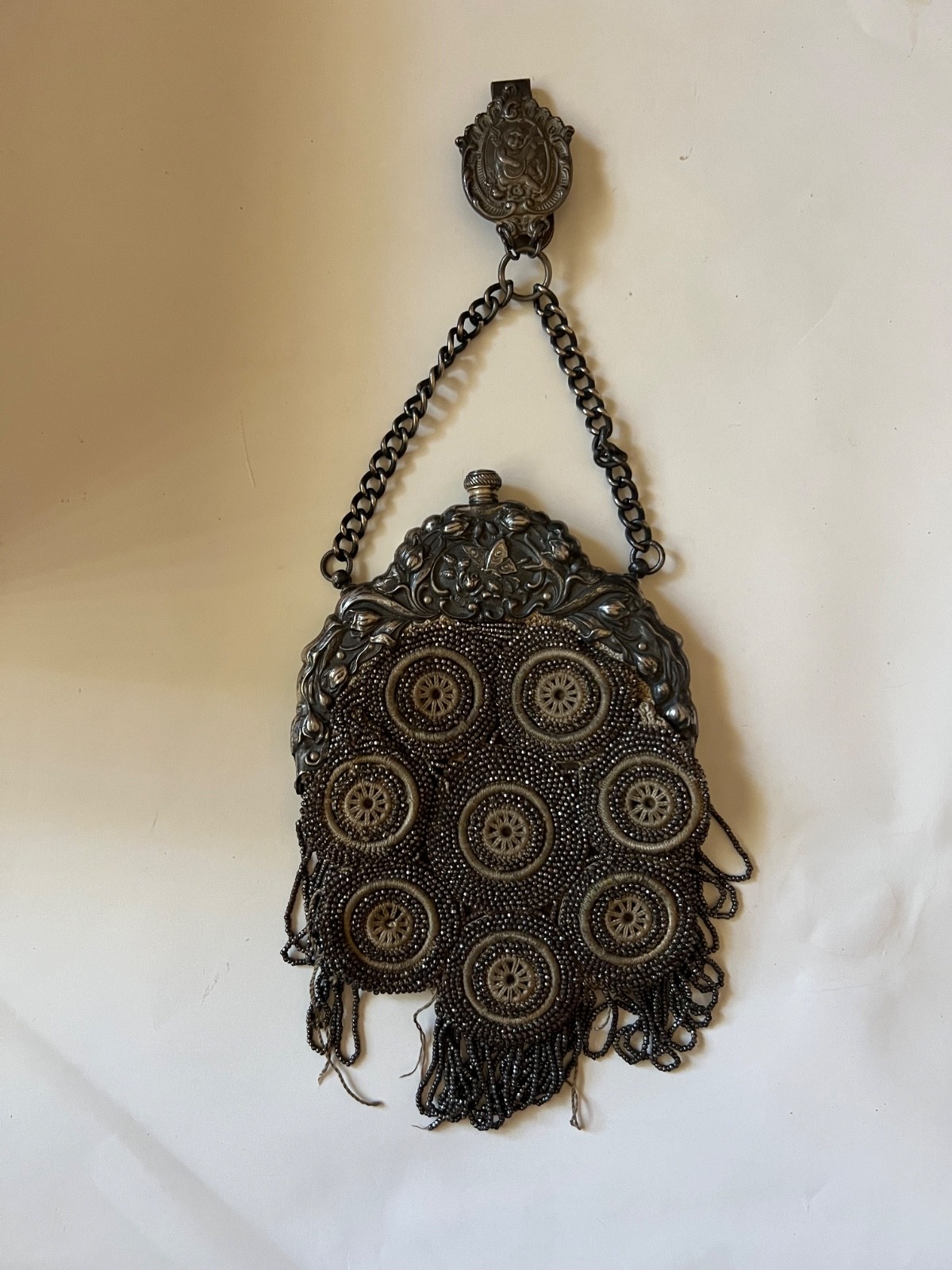 Antique Steel Micro Bead Suede Purse 1900 Art Nouveau Chatelaine Clip Victorian