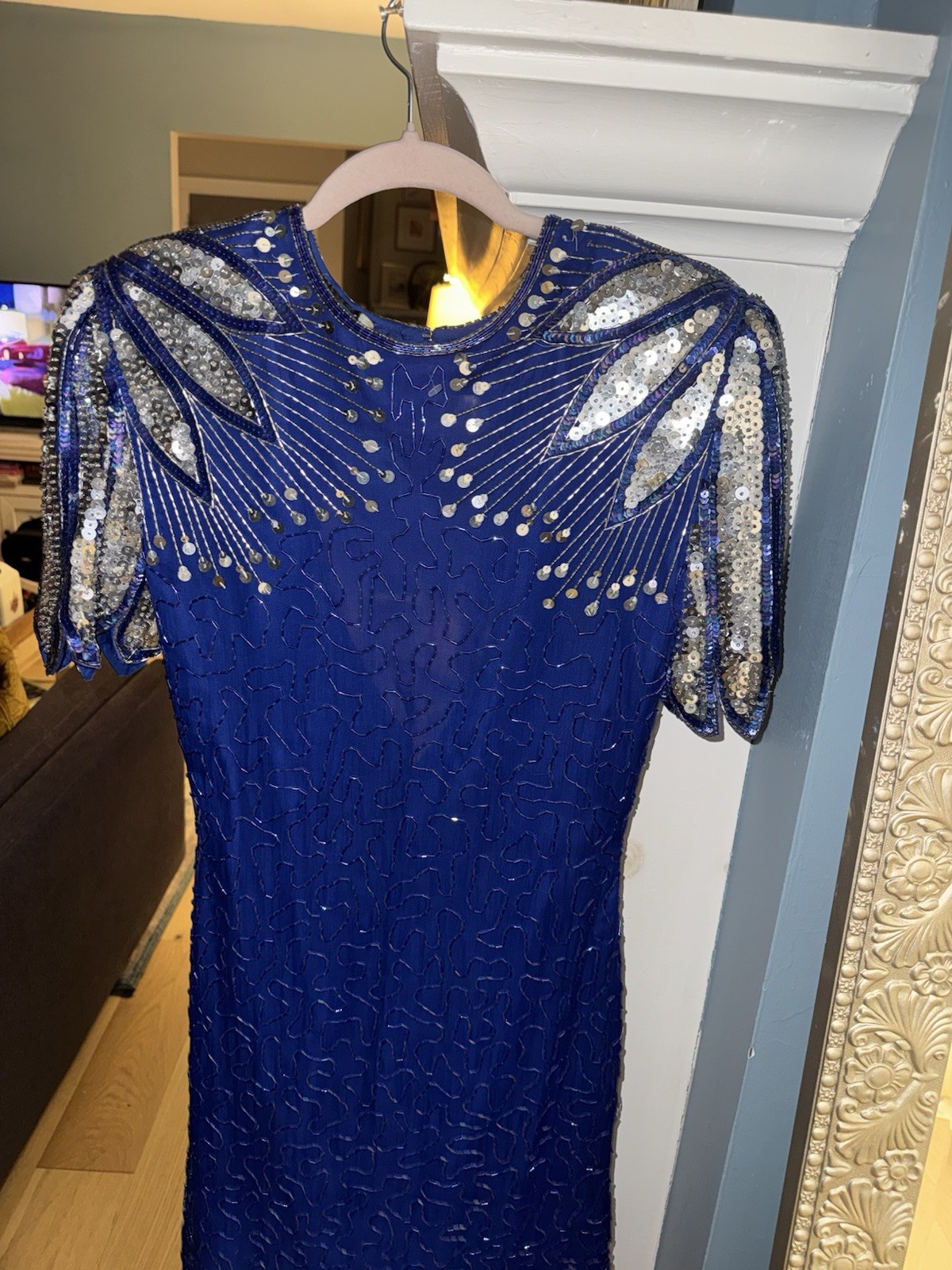 Vintage Gantos Blue 100% Pure Silk Sequin Short Sleeve Cocktail Dress Size Small