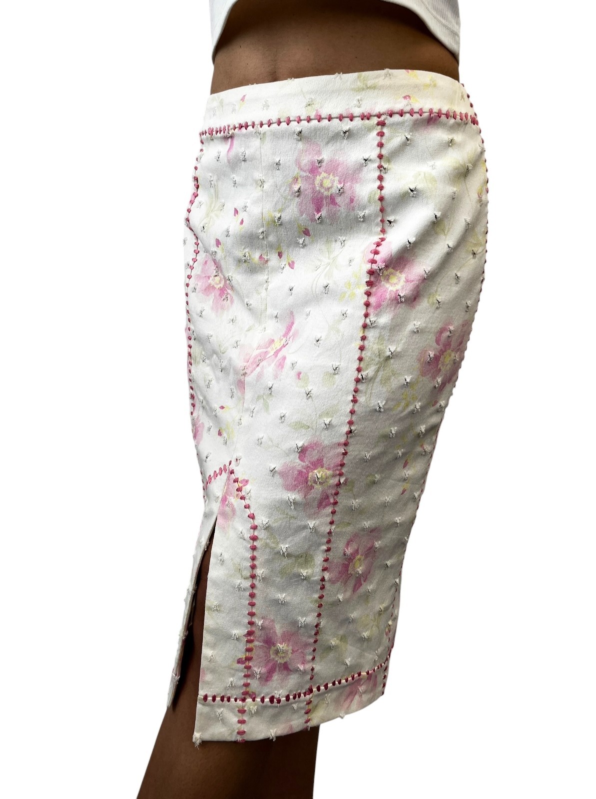 Christian Dior Vintage Flower Perforated Denim Skirt #38 Pink White 902081