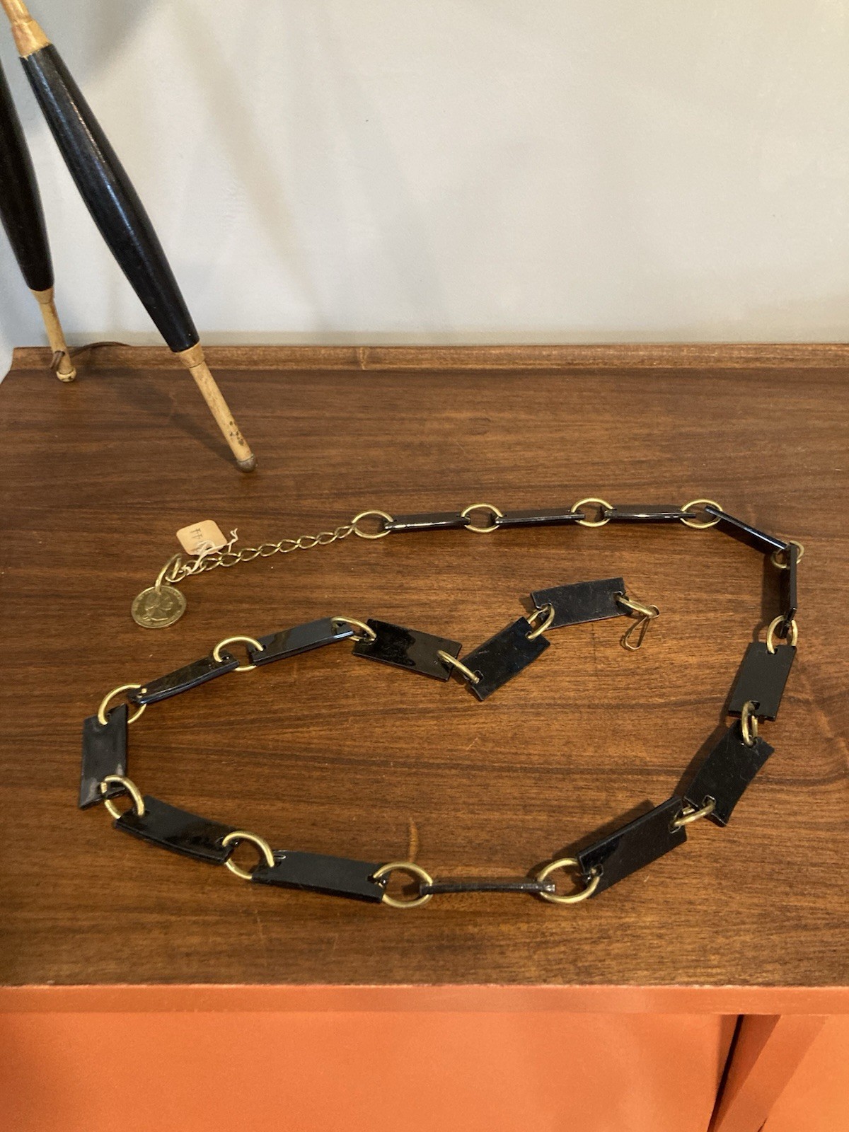 Gold Tone Chain Belt Vintage Black Rectangle Links 1980’s Retro Glam Rock