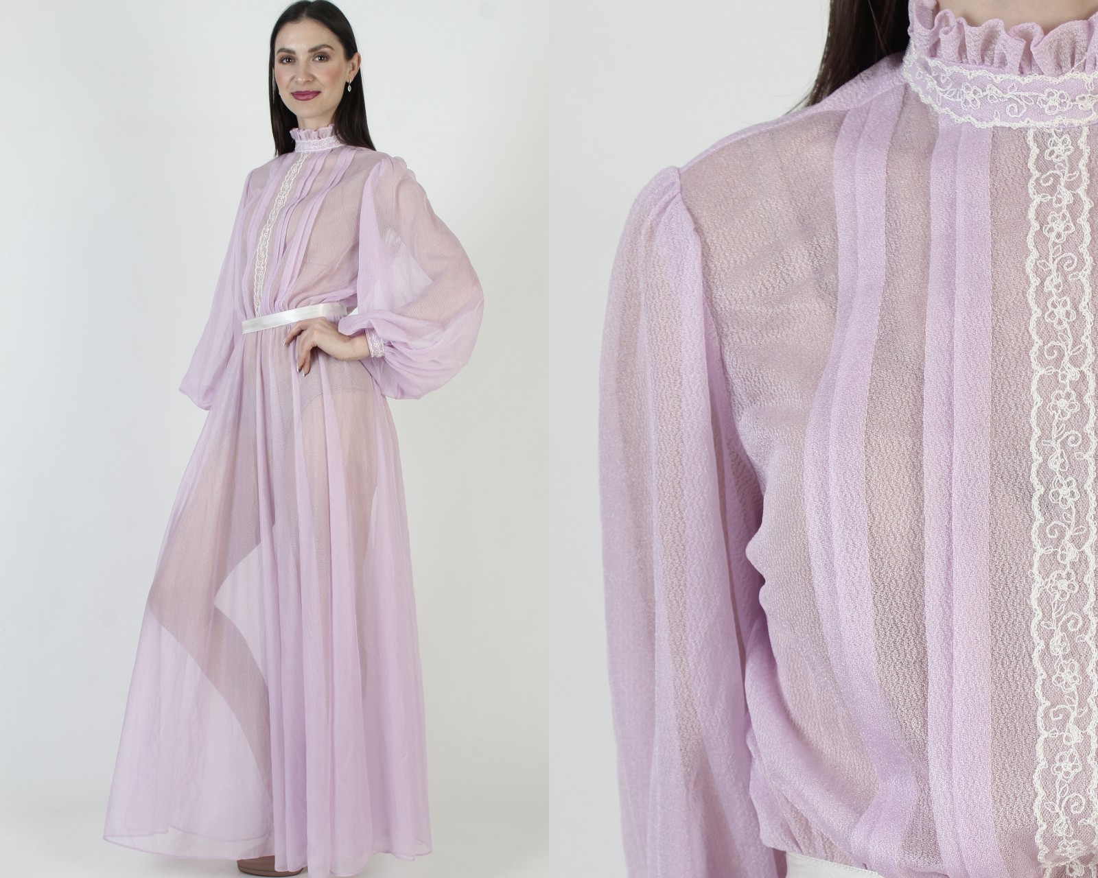 Vtg Sheer Purple Dress Sexy See Through Poet Bell Slv Bridesmaid Victorian Gown