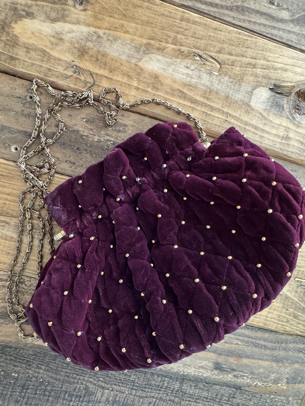 Quilted Velvet Vintage-look Purple Eggplant Clutch With Brass Clasp And Chain