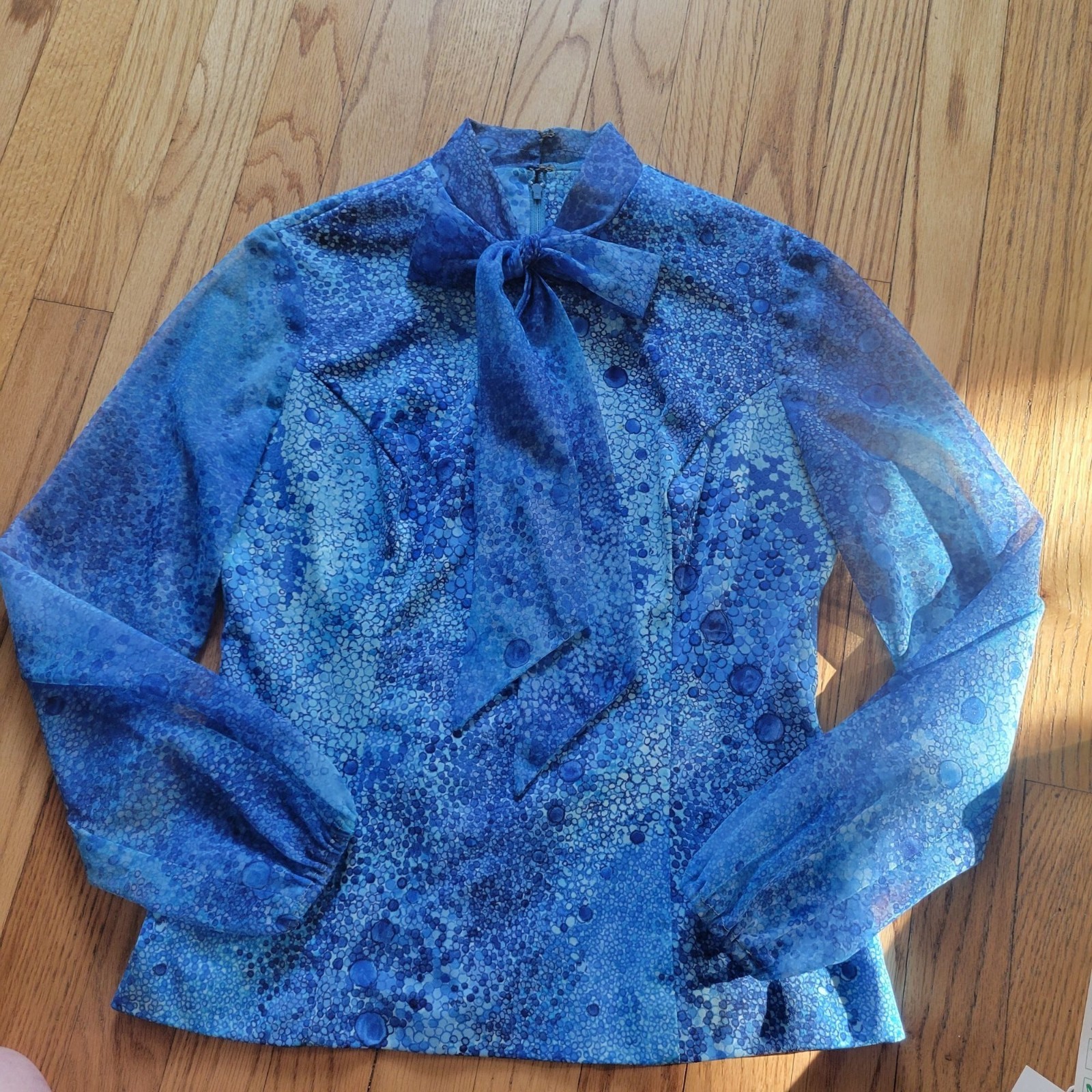 Vintage Hal Ferman Womens Size 8 Blue Skirt Blouse Set With Tie Neck Nwt