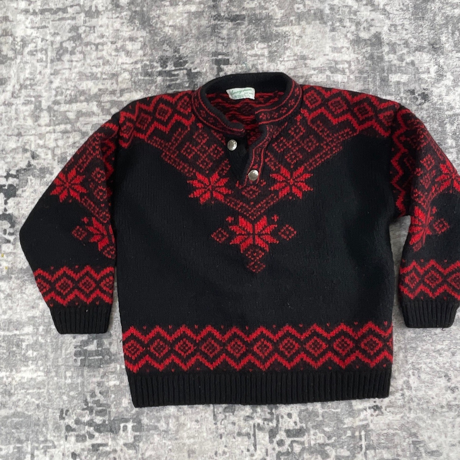 Vtg Amazonias Small Wool Knit Cardigan Nordic Fair Isle Geometric Red Black