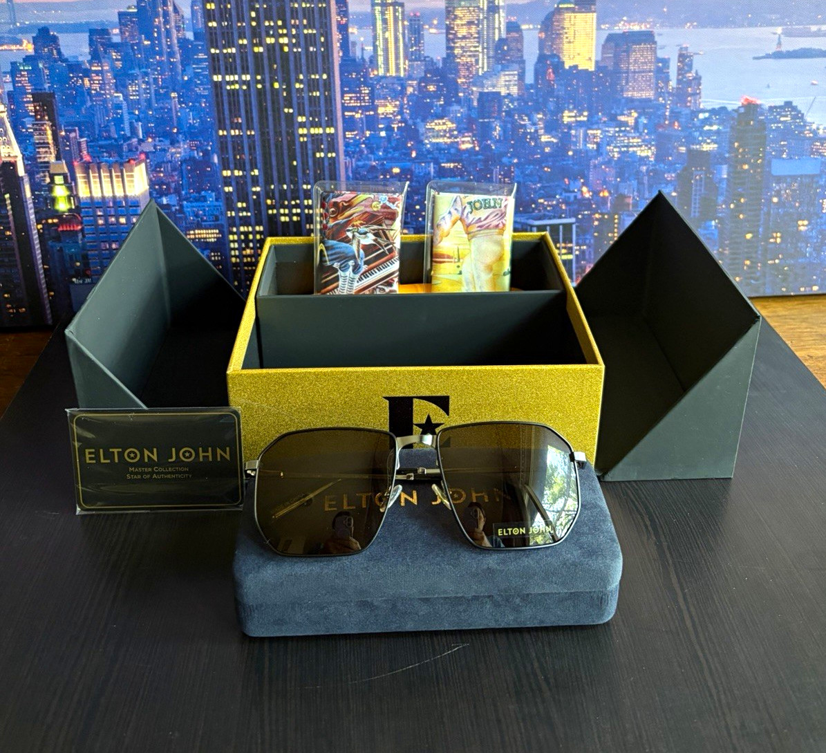 Elton John HERCULES2 Pilot Polarized Sunglasses Black Metal Gray Lens 145mm