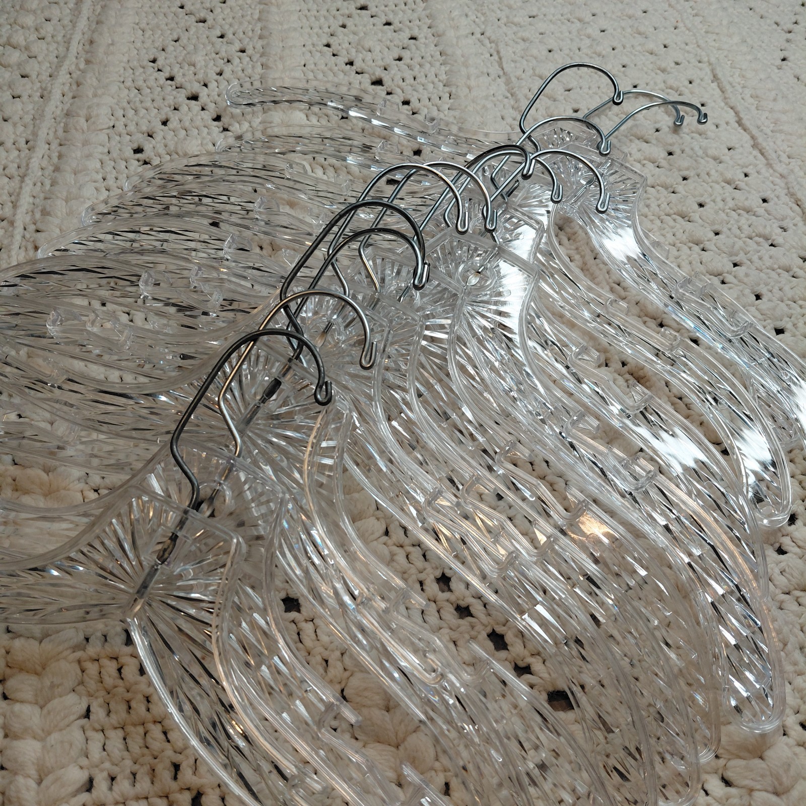 Vtg Lot 14 MCM Clear Plastic Ice Crystal Star Burst Prism Clothes Hangers Retro