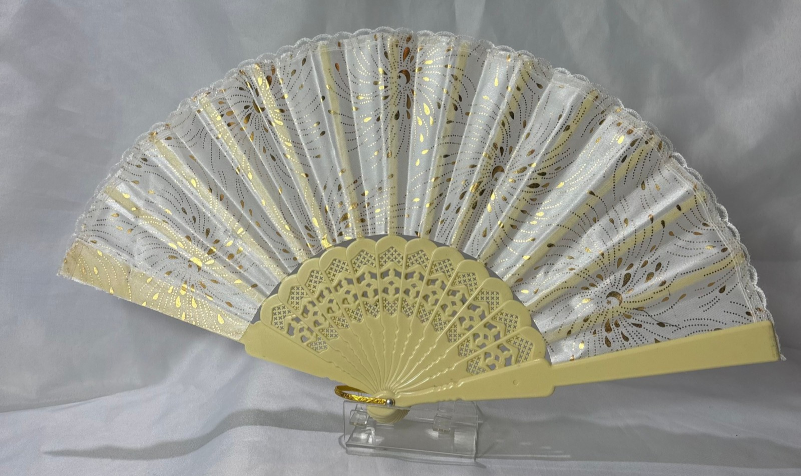 Cream Synthetic Folding Fan Moon & Starburst Design Plastic Sticks / Guards
