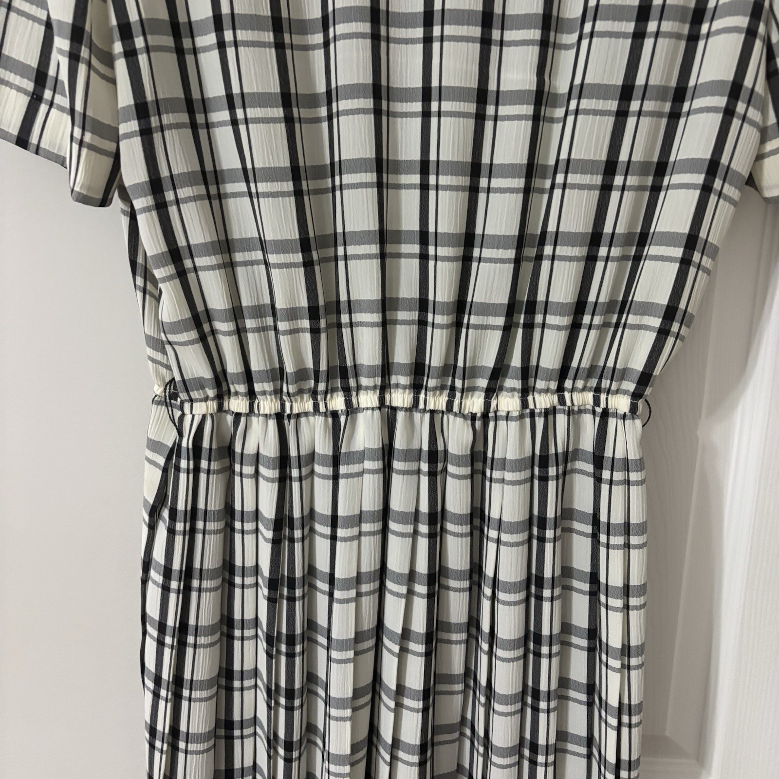 Vintage 80s Leslie Fay Black White Checkered Plaid Midi Shirtdress Pleated 14