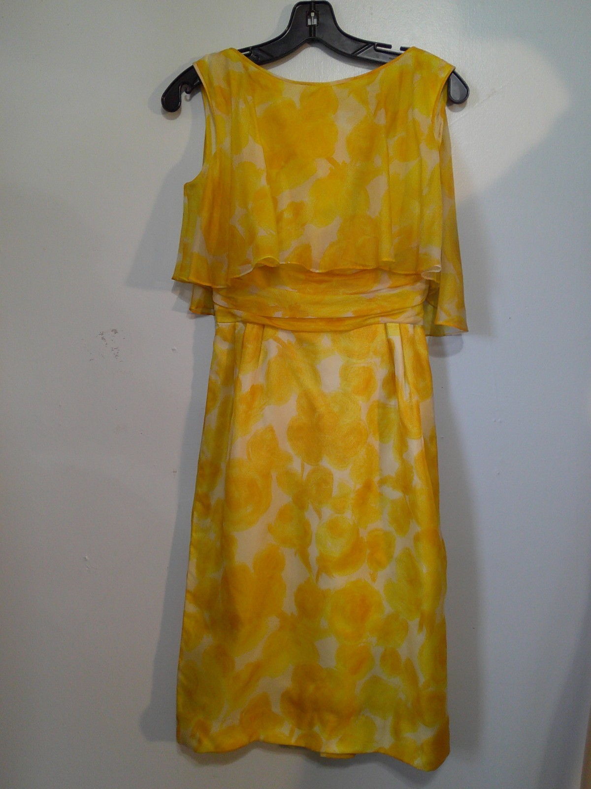 Vtg 60’s Yellow Rose Print Chiffon Wiggle Hourglass Bombshell Cocktail Dress XXS