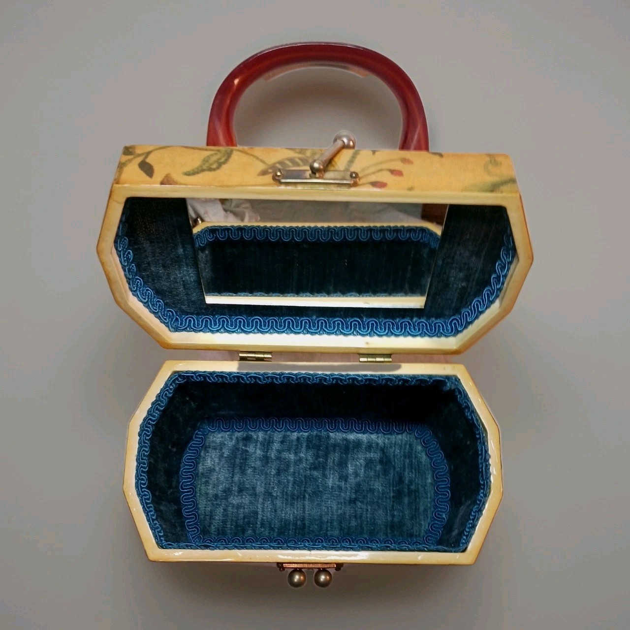 Vintage Wooden Handbag Purse Velvet Lined w Mirror Jewelry Box Makeup Case