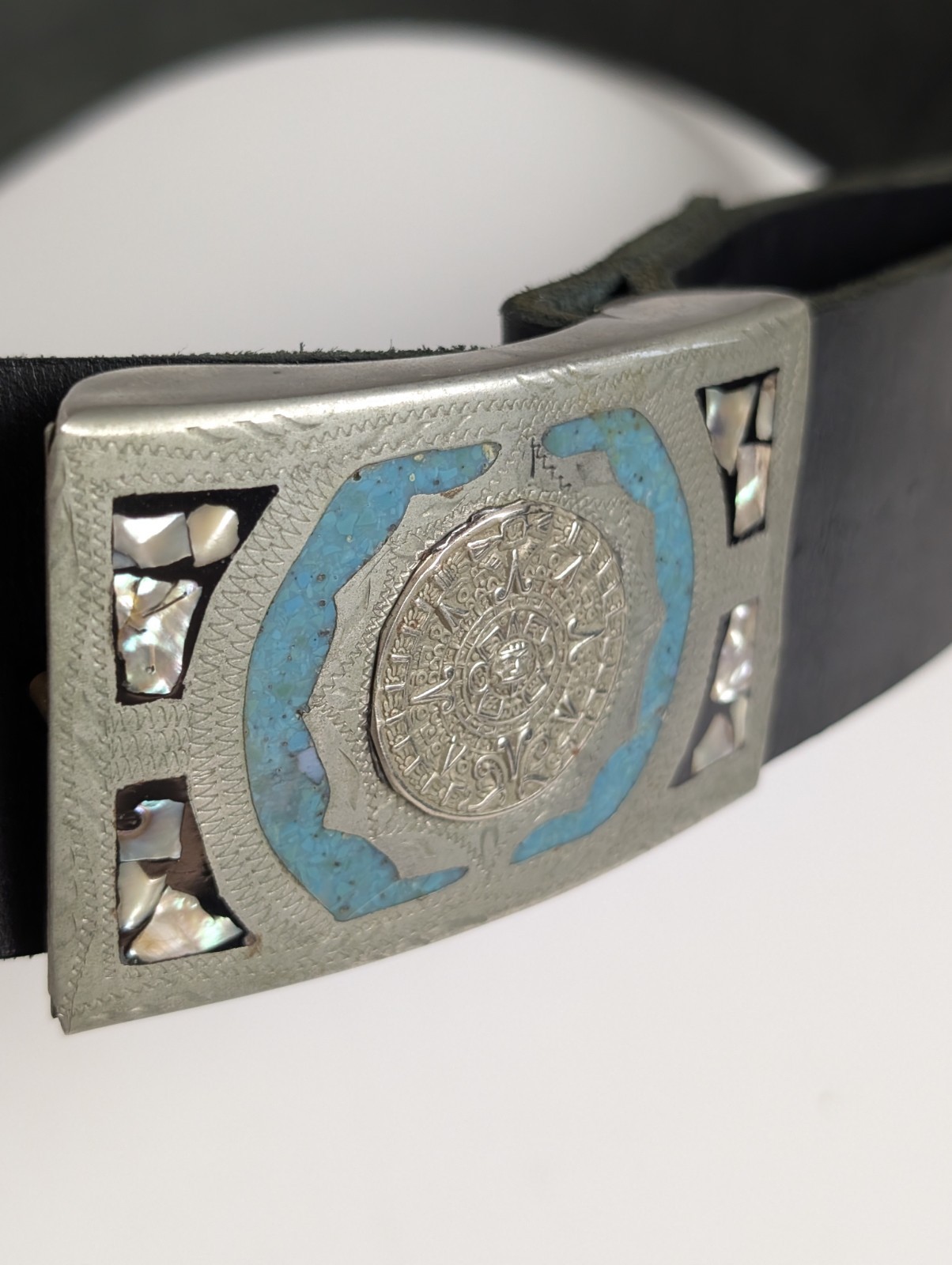 Vintage Mexico Alpaca Silver Aztec Calendar Belt Turquoise MOP Inlay Black…
