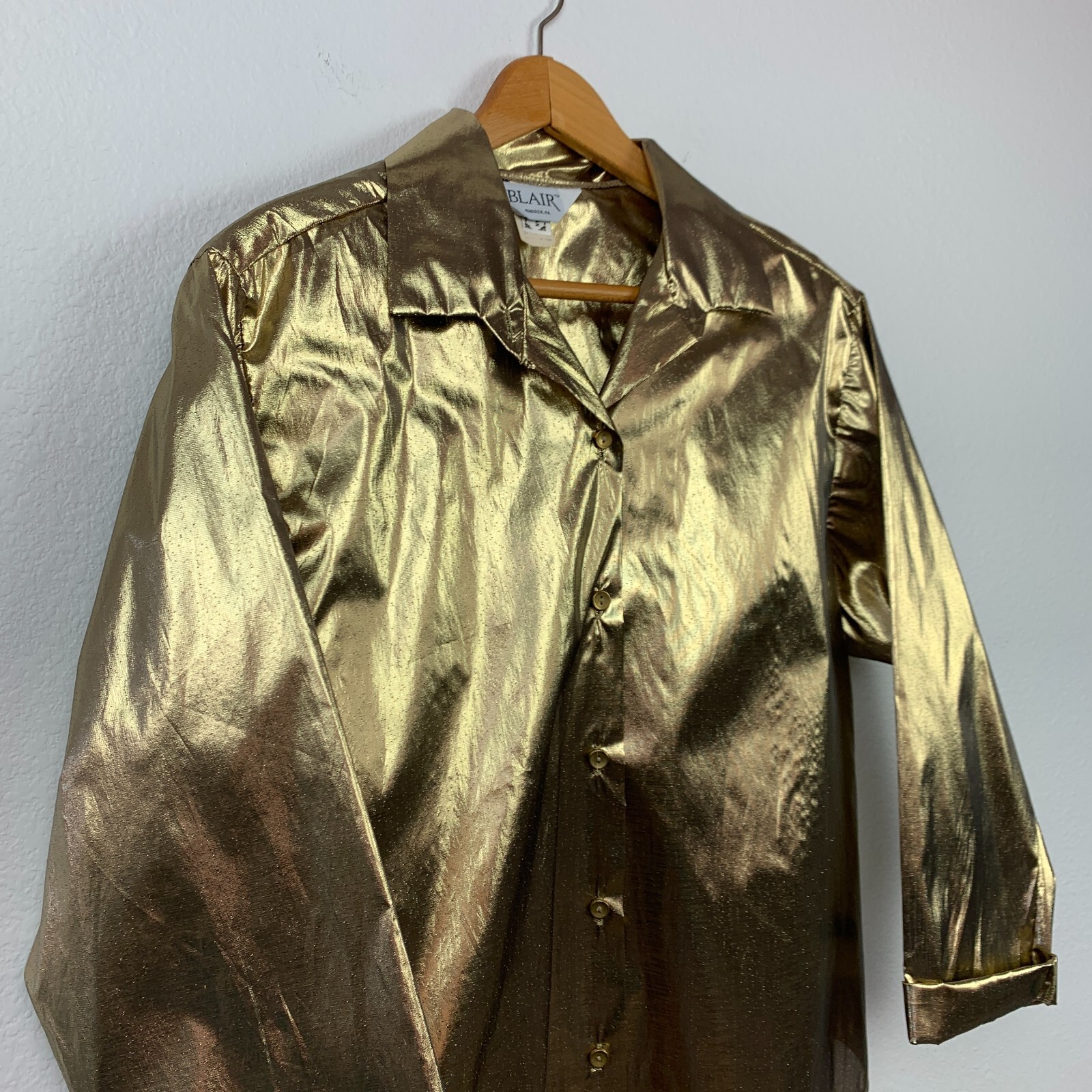 Vintage Blair Very Metallic Shiny Sheer Gold Long Sleeve Button Shirt Size 18