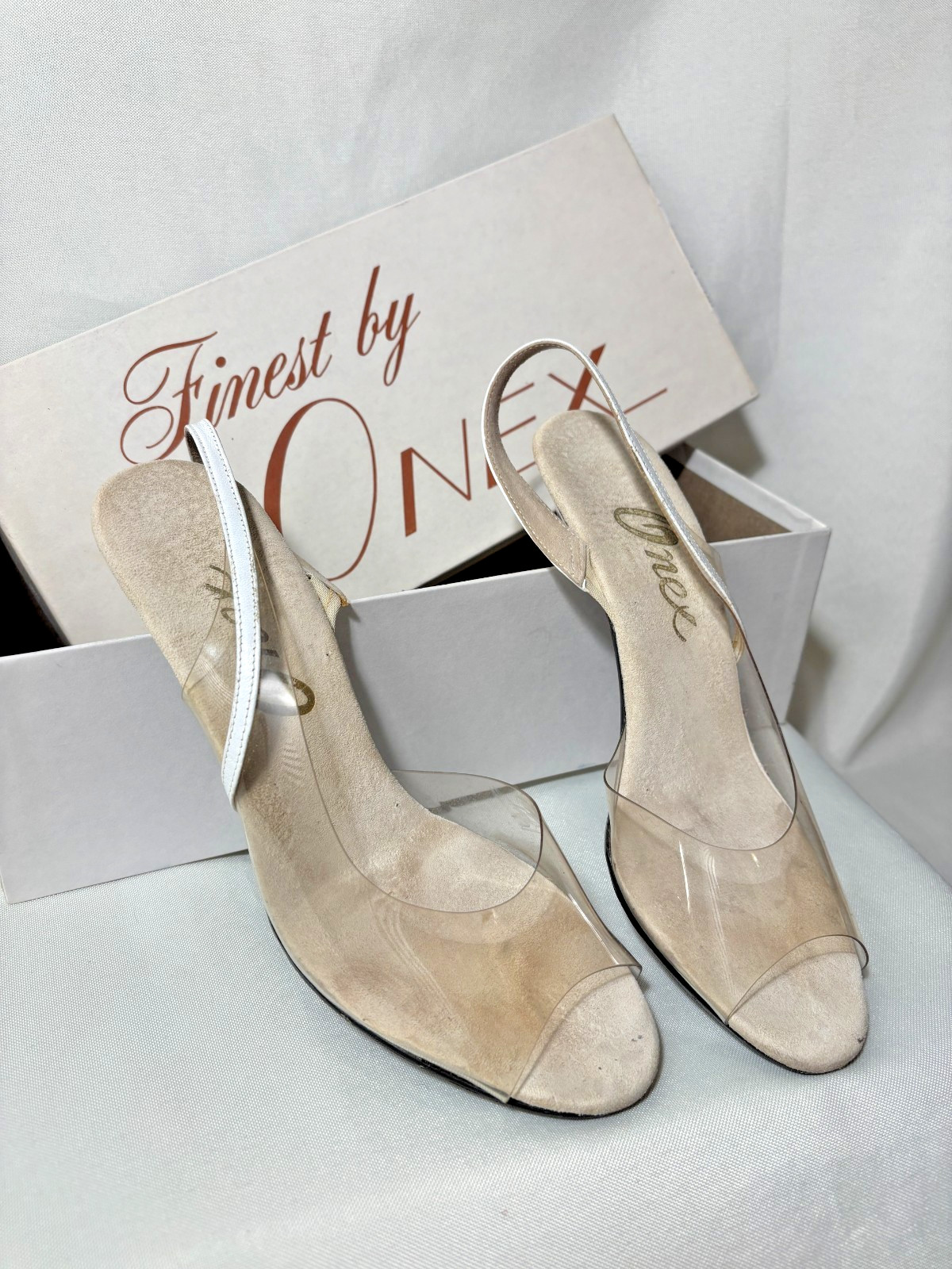 Vintage sz. 6 Roberta Onex Clear gold white Heel Peep Toe High Heel Shoes (H114)