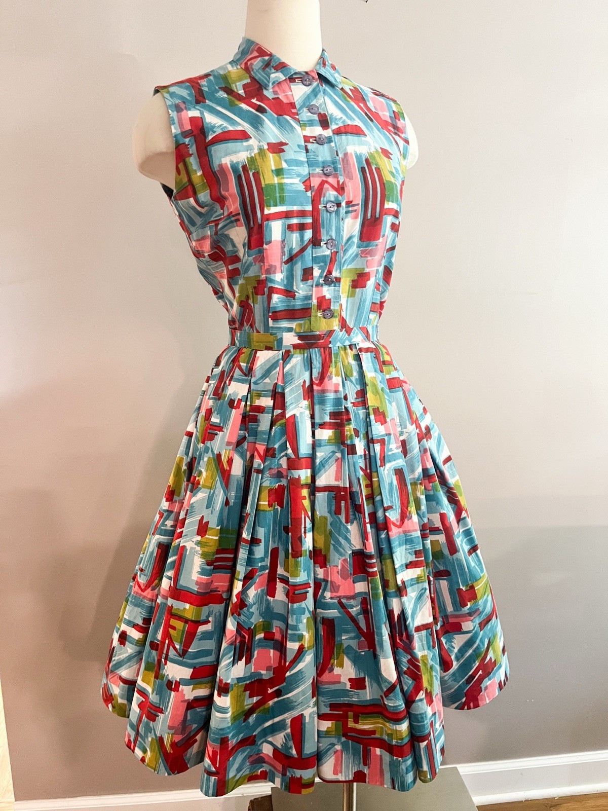 1950s Midcentury Shirt Dress Fit and Flare Abstract Print Full Skirt