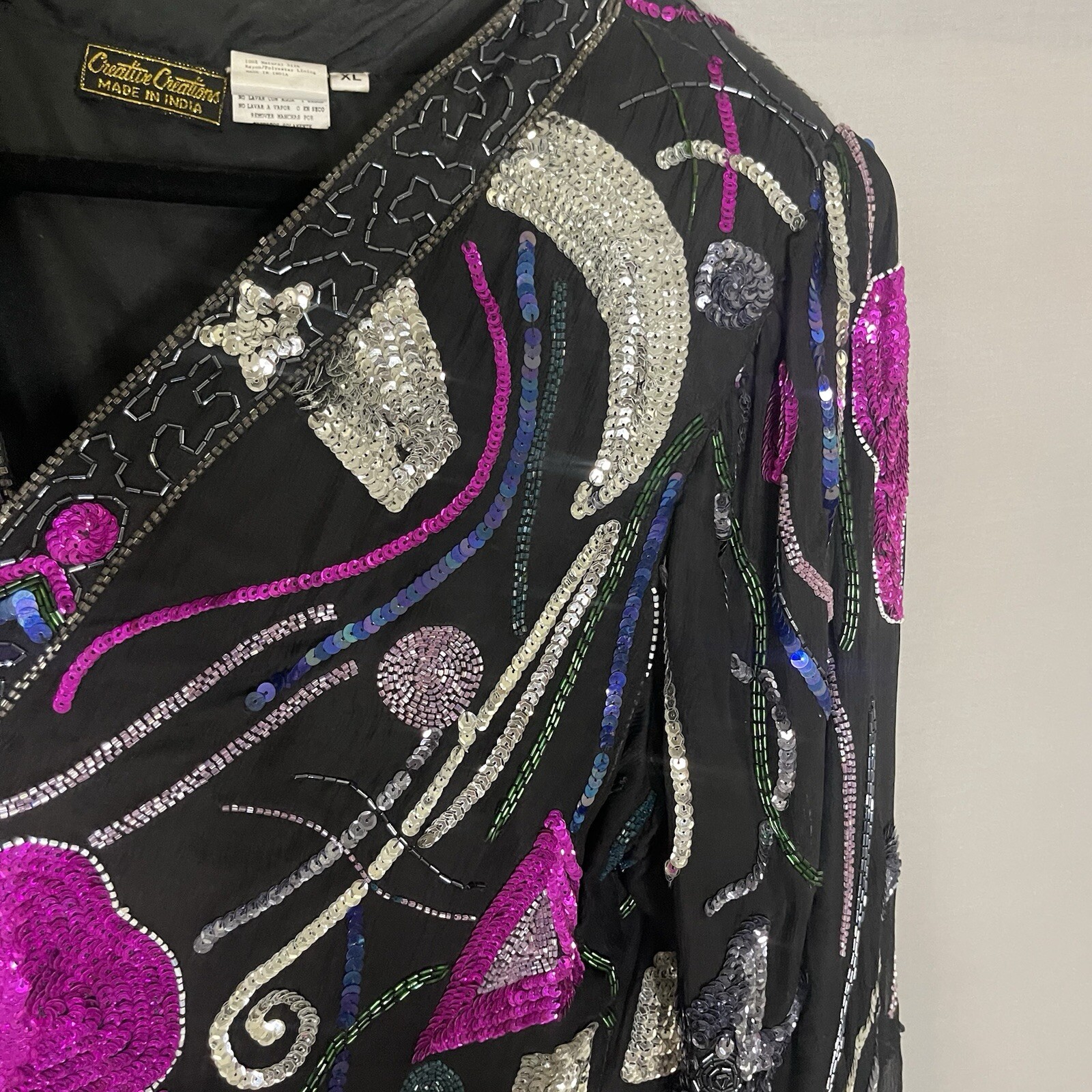 Vintage Creative Creations Beaded Sequin Glamour Jacket Stars Moon Heart Size XL