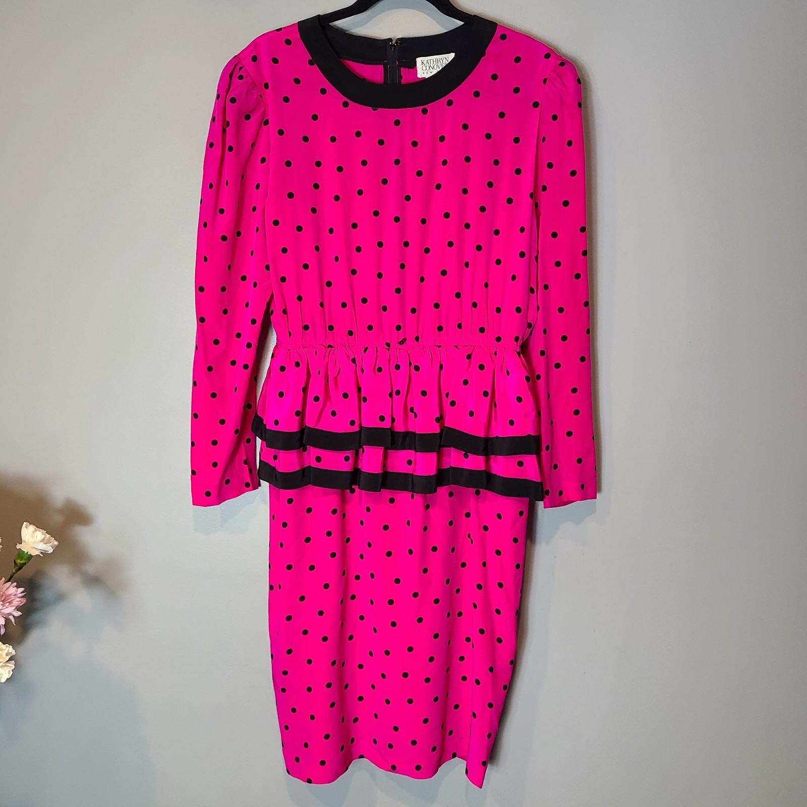 Vintage Peplum Wiggle Dress Womens 12 Pink Polka Dot 80s Glam Rock Retro Pinup