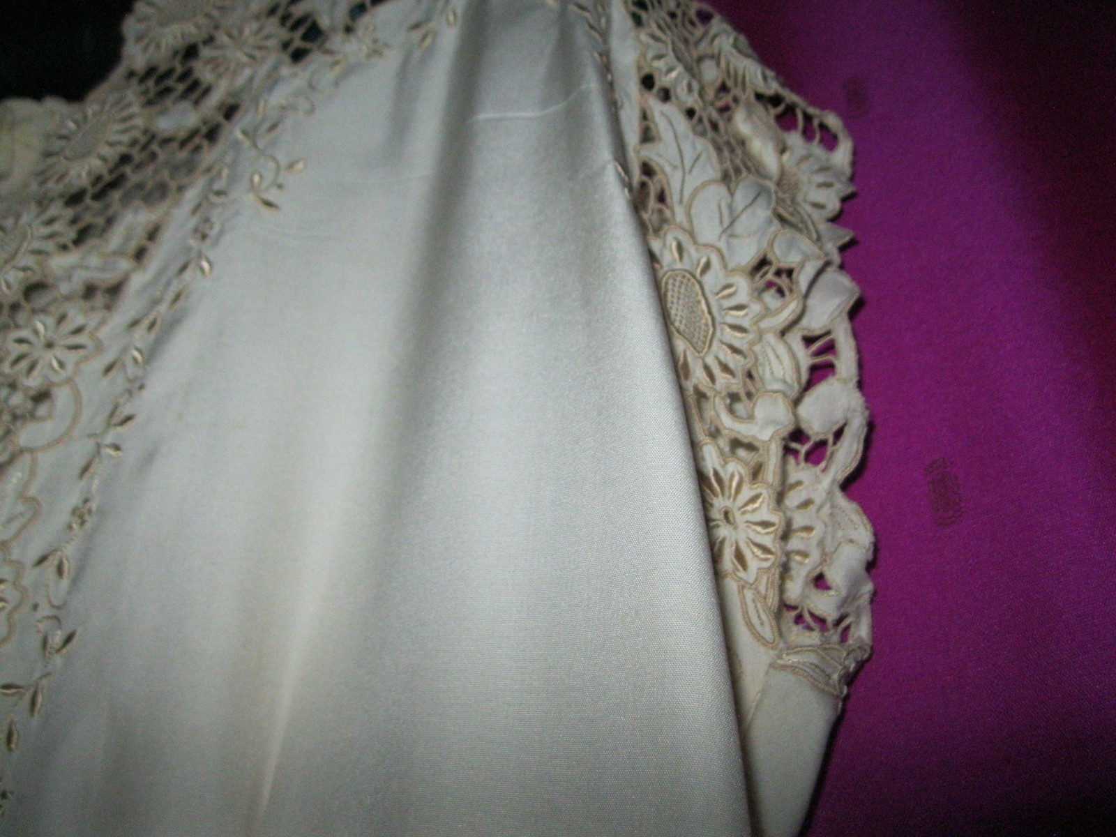 VINTAGE, CHINA SILK BLOUSE W/ ORNATE OPEN WORK/EMB., SZ. XS.,S/S, CREAM COLORED