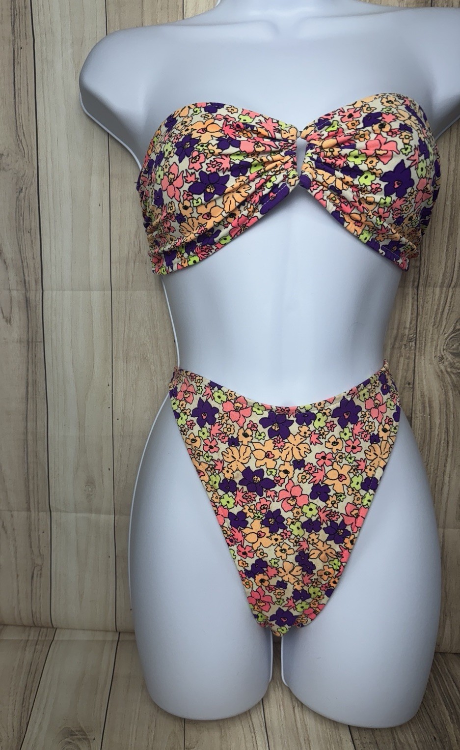 VTG Raisins Floral Bikini Large 9-11 Made In USA 90s Bandeau High Cut Strapless