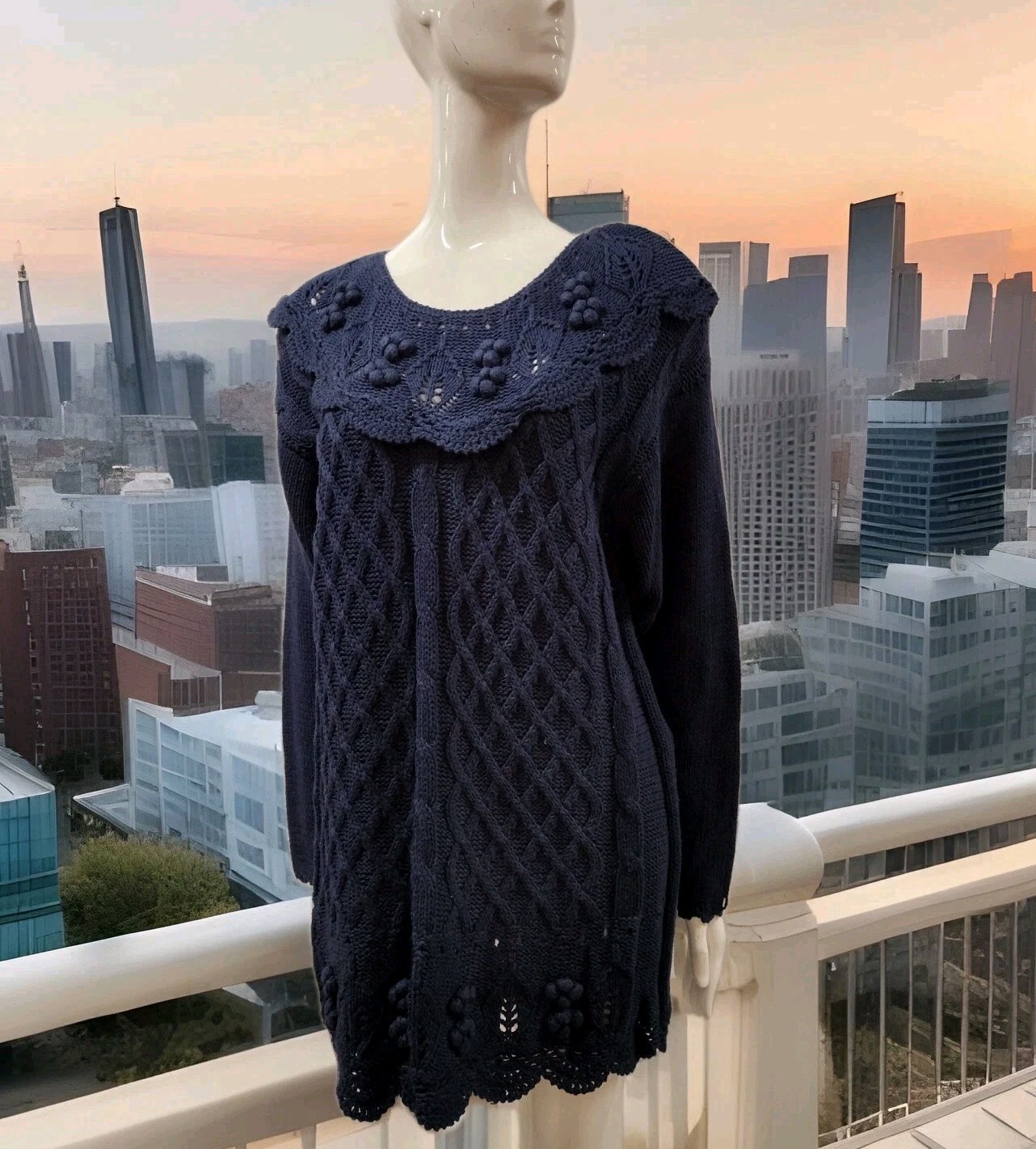 Grapes Sweater Dress Hand knit Navy Blue 90s NEW Shoulder Pads MED L Colleens