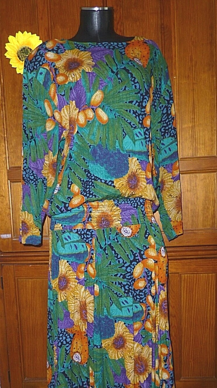 Vtg 80s KAREN KANE Floral Print Rayon Drop Waist Gypsy BOHO festival Midi DRESS