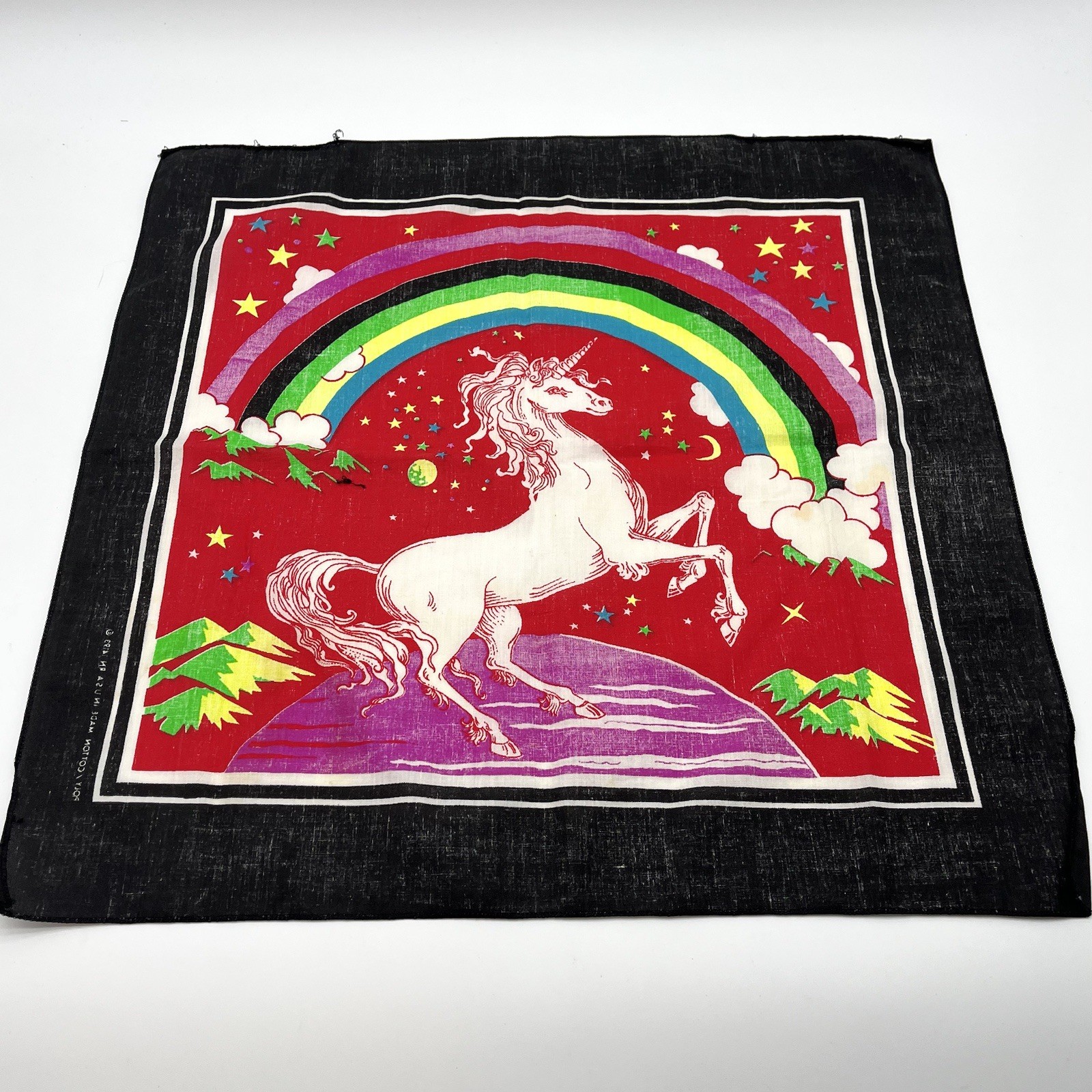 Vintage 70s 80s Unicorn Bandanna Handkerchief Stars Rainbow Mystical Magic B