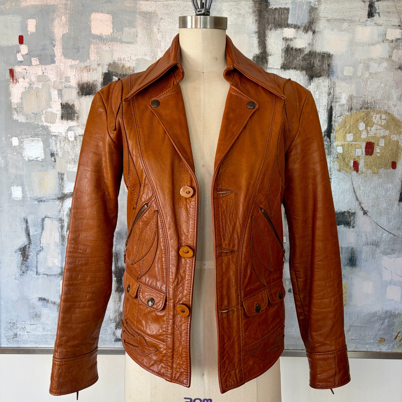 60s 70s EAST WEST Musical Instruments ROVER Leather Drug Jacket Vtg Mens Sz S M