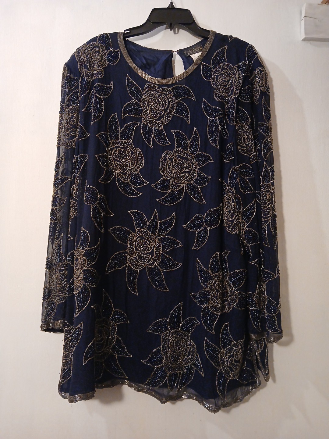 Vtg Creative Creation Royal Blue Padded Shoulders Sequin Beaded Dress 1X