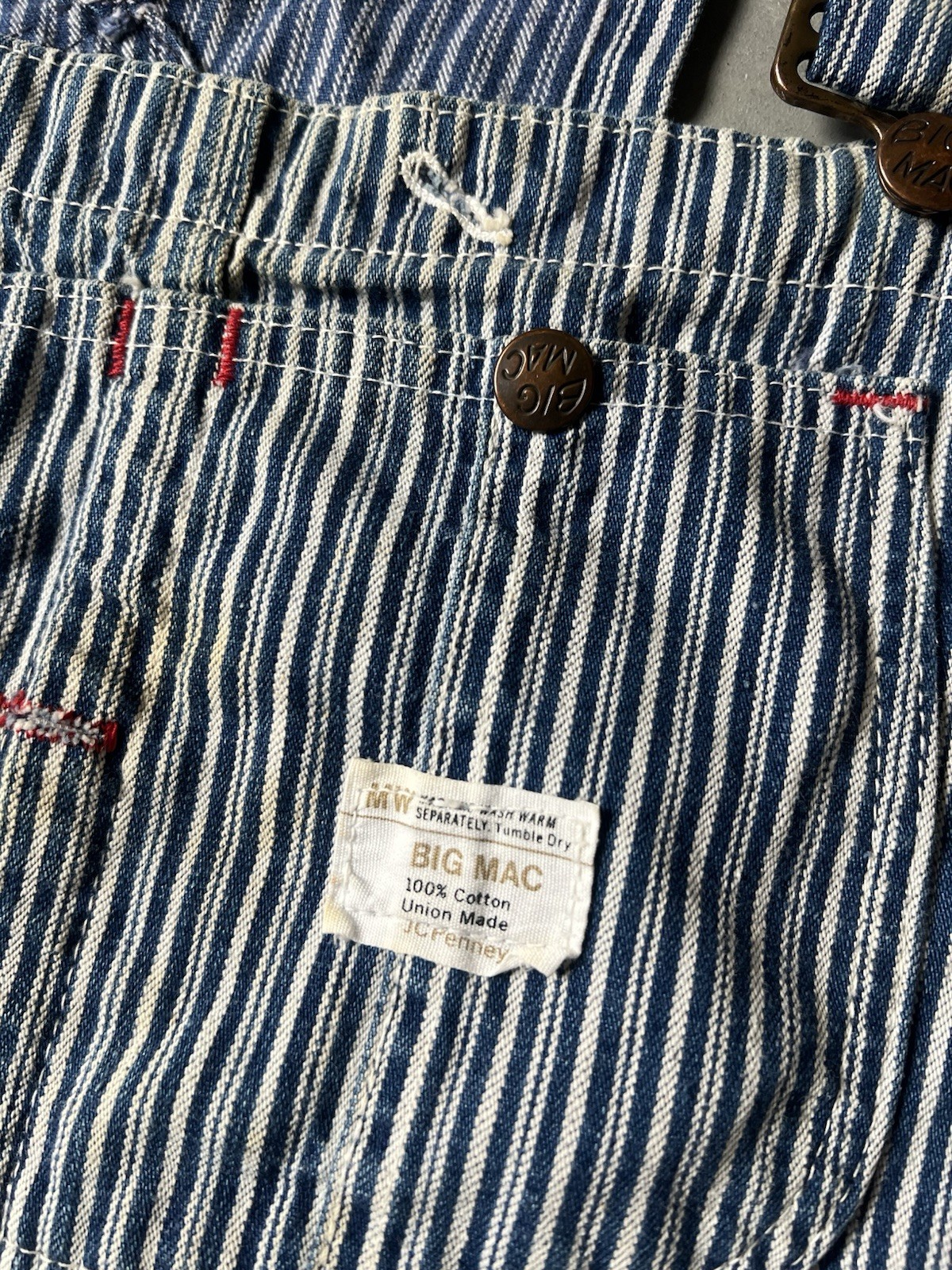 Big Mac 1970s Vintage Workwear Overalls Size Lrge Blue Stripe, Distressed