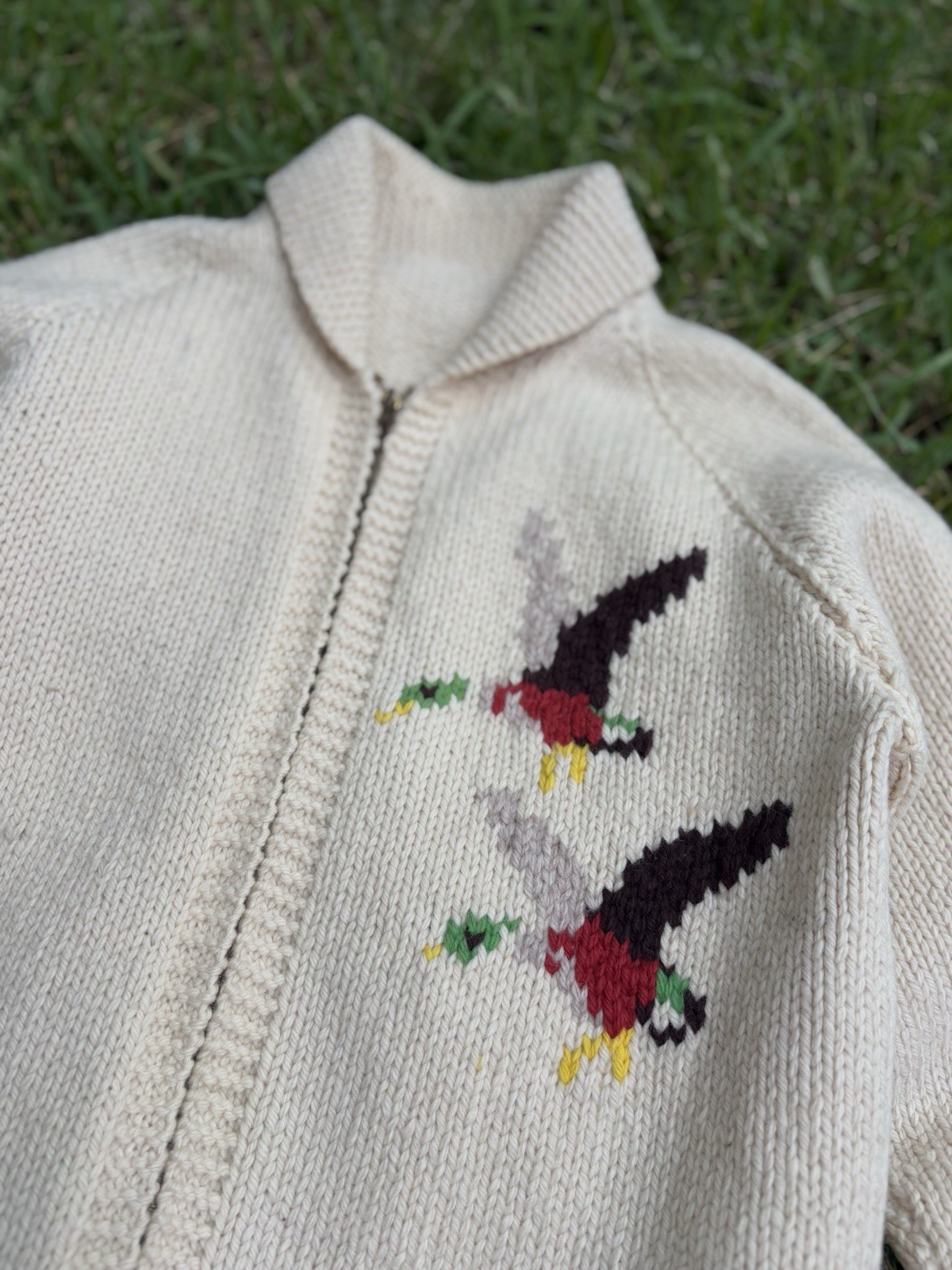 1960’s Cowichan Knit Sweater Cardigan Shawl Collar Duck Graphics 23” X 29”