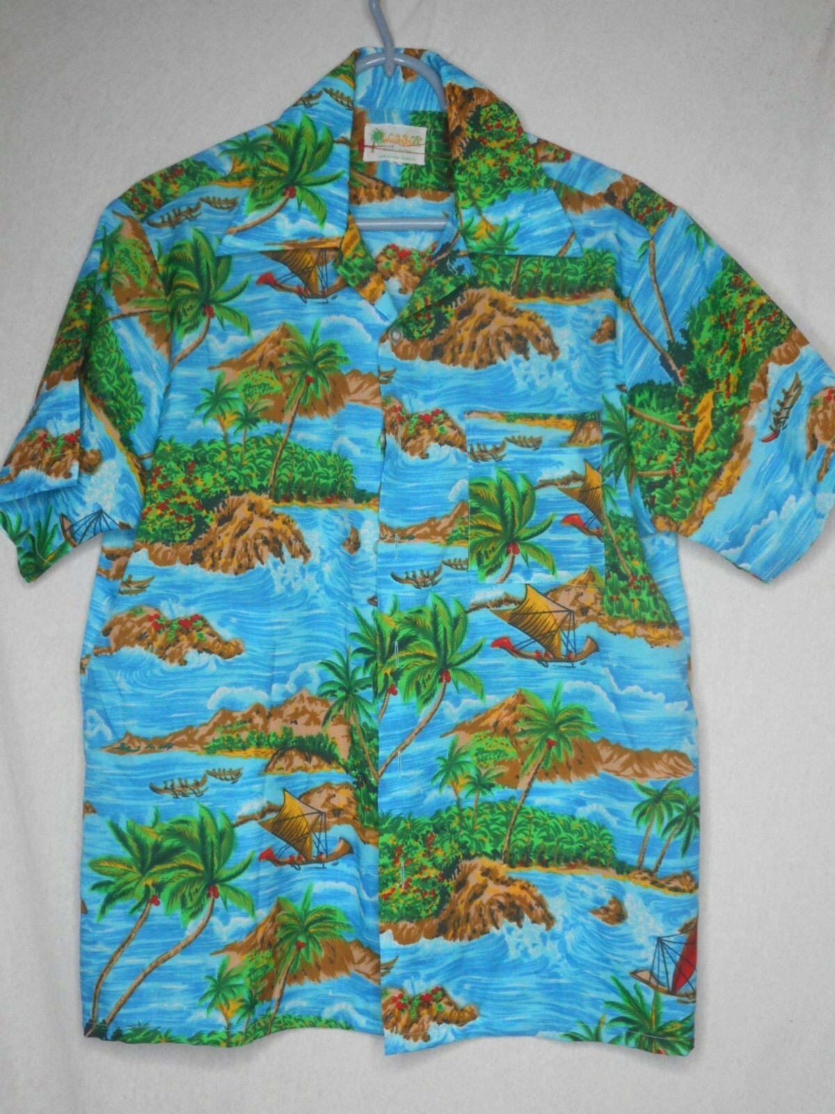 Vintage Hawaiian Waikiki 76 Shirt Sz M Made in Korea Island Boat Destination Wed